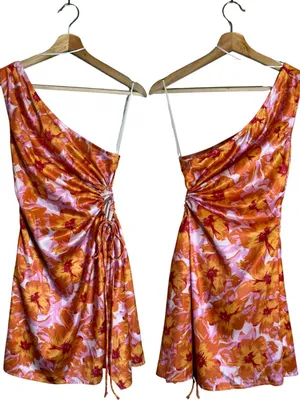 Hello Molly Loving That Girl Mini Dress Women's Small Orange Floral One Shoulder thumbnail 5