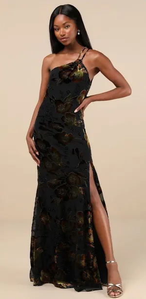 Lulu's Ethereal Entrance Black Velvet Burnout One-Shoulder Maxi Dress thumbnail 1