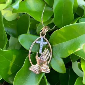 Gold Color Praying Hands Rhinestone Cross Necklace thumbnail 1