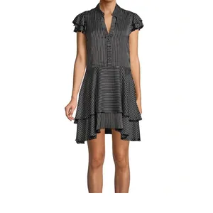 Alice + Olivia Moore Pinstripe Ruffle Shirt Dress Black White Size Small Office thumbnail 2
