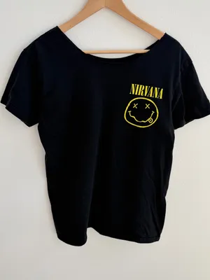 Nirvana Smiley Face Band Tee Black Off-the-Shoulder T-Shirt thumbnail 1