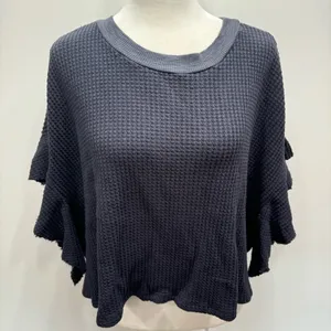 BUCKETLIST Navy Blue Waffle Knit Raw Edge Flutter Sleeve Slouchy Cropped Top NEW thumbnail 5