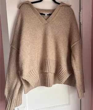 Topshop Chunky Knit Sweater Oversized V Neck Beige Size 12 thumbnail 1