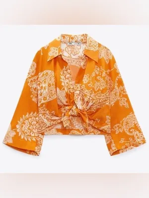 Zara Orange Paisley Tie Front Crop Top Large thumbnail 3