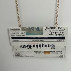 Befet Bay Newspaper Print‎ Envelope Clutch Crossbody Bag Gold Chain White Black thumbnail 3