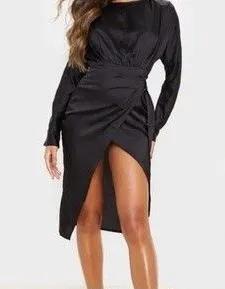 PrettyLittleThing High Slit Wrap Dress Womans 8 Black Satin Open Back Clubwear thumbnail 1
