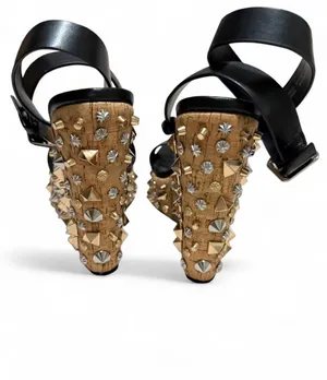 Steven Madden Black Leather Studded Wedge Sandals with Tan Wrapped Platform … thumbnail 4