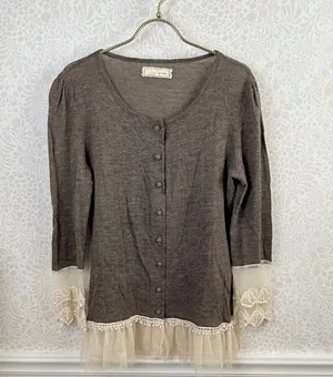 a'reve by Anthropologie Brown Lace Tule Trim Sweater - Size - Large thumbnail 1