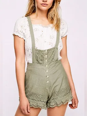 Free People Green Embroidered Shortalls thumbnail 1