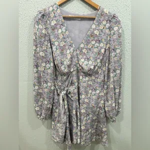 ASTR The Label Long Sleeve Mini Floral Dress in Lavender Romantic Boho Garden thumbnail 3