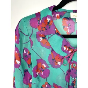 ModCloth Floral Blouse Size‎ Medium Peter Pan Collar Bow Chiffon Artsy Teacher thumbnail 3