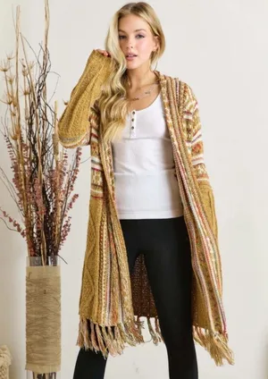 Bohemian Longline Knit Cardigan With Fringe Tassel Hem Southwestern Aztec Print thumbnail 2