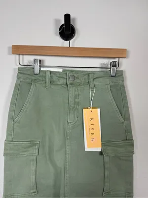 Risen Cargo Mini Skirt Olive Stretch Utility Pockets Size S Green thumbnail 4