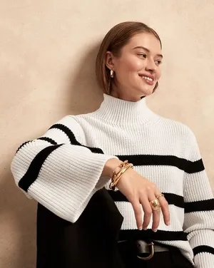 Banana Republic Wool Blend Striped White and Black Bell Sleeve Sweater thumbnail 1