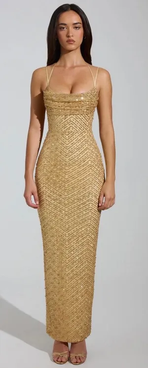 Oh Polly Constance Embellished Cowl-Neck Maxi Dress in Gold Size 0 New thumbnail 1