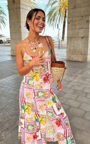 Zara Floral Pink Lemon Print Maxi Dress - Italy Inspired Summer Linnen Dress thumbnail 1