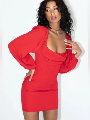 Princess Polly Red Corset Cowl Neck Puff Sleeve Mini Dress US 2 XS thumbnail 1