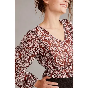 By‎ Anthropologie Jacquard Peasant Blouse Women's Blouse Wine M Ruffle Peplum thumbnail 4