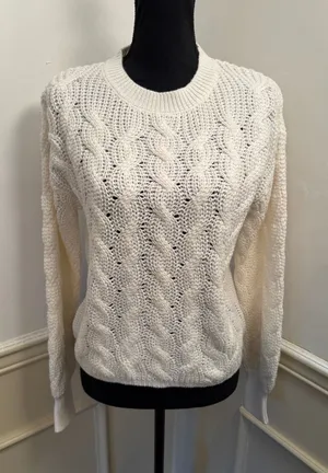 Vigoss Women's Cream White Cable Knit Pullover Sweater Crew Neck Cozy Preppy thumbnail 1