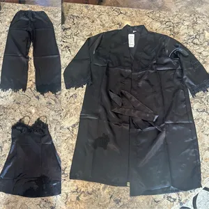 Black Satin Pajama Set Robe Pants Nightie Lace Trim Womens Size M/L New Lingerie thumbnail 2
