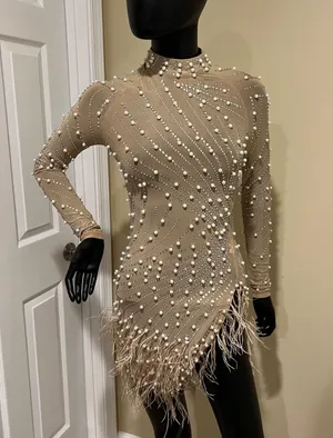 Rhinestones mini dress long sleeve pearl dress mock neck dress fringe feathers dress Sequin Dress thumbnail 12