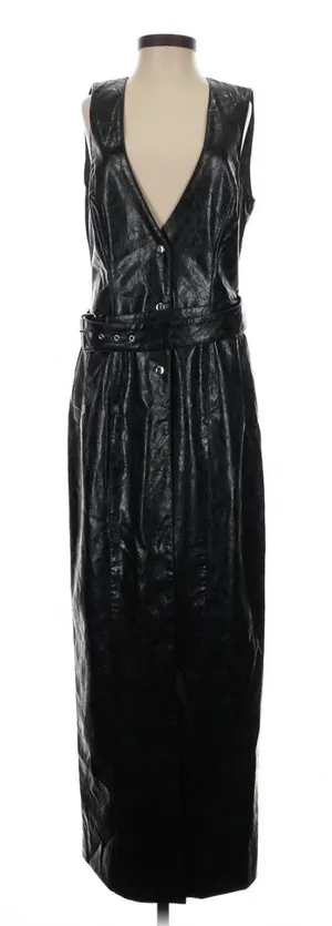 LAMARQUE Black Faux Leather Button Front Belted Maxi Dress XS Goth thumbnail 1