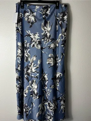 NWT Nordstrom Rack Blue Grey Abstract Floral Satin Maxi Skirt Size L thumbnail 8