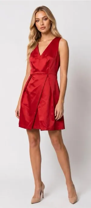 PARIS SUNDAY Red Sateen V Neck Dress Sleeveless Fit Flare Women’s Sz L Cocktail thumbnail 1