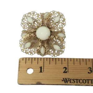 Vintage MCM Filigree Milk Glass? Goldtone Pin Brooch- FLAWED thumbnail 4