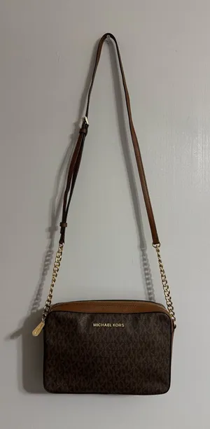 Michael Kors Brown MK Monogram Crossbody with Gold Chain thumbnail 1