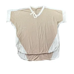 Blue Velvet Tan Star Embroidered V-Neck‎ Cotton Top Two-Tone Boho NEW Oversized thumbnail 5