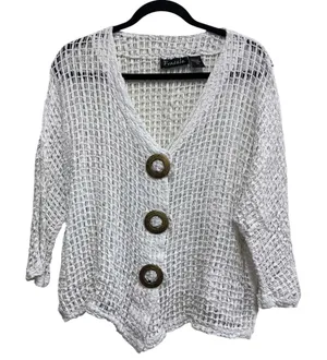 Frazzle Cardigan Womens XL White Open Weave Cotton Boho Big Button Lagenlook thumbnail 1