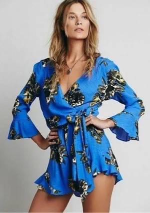 Anthropologie blue floral romper thumbnail 1