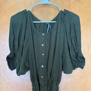 Anthropologie Mini Dress Women Size M Green Linen Blend Puff Sleeve Button Front thumbnail 4