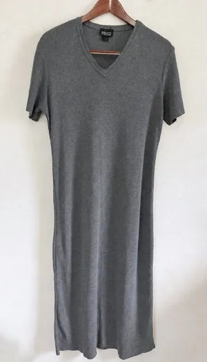 New York & Company Women's Gray Ribbed V-Neck Short Sleeve Maxi Sheath Dress thumbnail 1