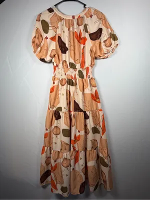 Entro Women’s Floral Midi Dress Size S Beige Orange Smocked Puff Sleeve thumbnail 3