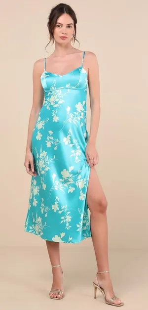NWT Lulus Glamorous Efforts Aqua Floral Print Tie-Back Midi Dress Cruise Sz XS thumbnail 1