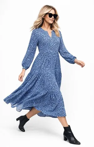 Zara The Angel Dress Blue Abstract Tiered Midi Dress Long Sleeves Flowy Boho thumbnail 1