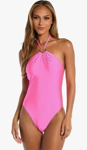 SUNSHINE 79 Sunshine Solids High Neck One Piece Gold Hardware Electric Pink Sz 4 thumbnail 1