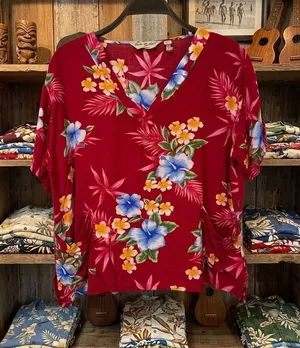 Hawaii Made Hawaiian Top Tropical Floral V-Neck Tunic / Scrub Top- Red Size M thumbnail 1