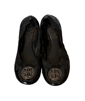 Tory Burch Reva Black Patent Leather Ballet Flats Gold Logo Medallion Size 8M thumbnail 1