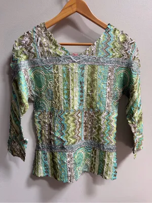 Vintage Y2K‎ Crinkle Mesh Patchwork Top Artsy Boho Festival Stretch Fairy Glam thumbnail 8