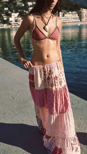 Zara NWT  Pink PATCHWORK PRINT LONG SKIRT. Size Large thumbnail 1