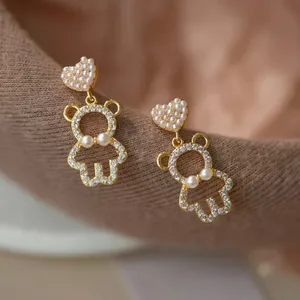 Rhinestone And Faux Pearl Decor Gold Plated Bear Drop Earrings Faux Fashion Jewe thumbnail 1