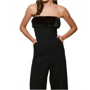 Anthropologie Hutch Faux Fur Trim Strapless Black Jumpsuit Size 14 Wide-Leg thumbnail 4