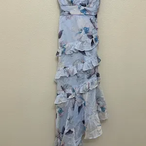 NEW Lulus Saveria Light Blue Floral Ruffle Asymmetrical Maxi Dress XS Party thumbnail 8