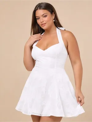 NEW Lulus Bonni White Floral Jacquard Halter Mini Dress Sz XL thumbnail 4