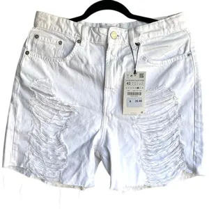 NWT 10 Zara White Distressed Denim Ripped High Rise Shorts Boho Festival Grunge thumbnail 2