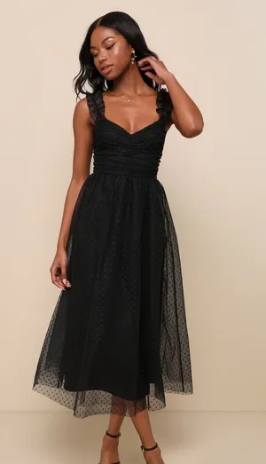 Lulus Forever Celebrated Black Swiss Dot Ruched Tulle Midi Dress Cocktail XS NWT thumbnail 1