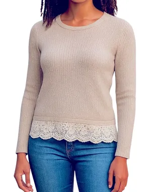 Hollister Oatmeal Lace Trim Sweater XS Lightweight Crewneck thumbnail 1